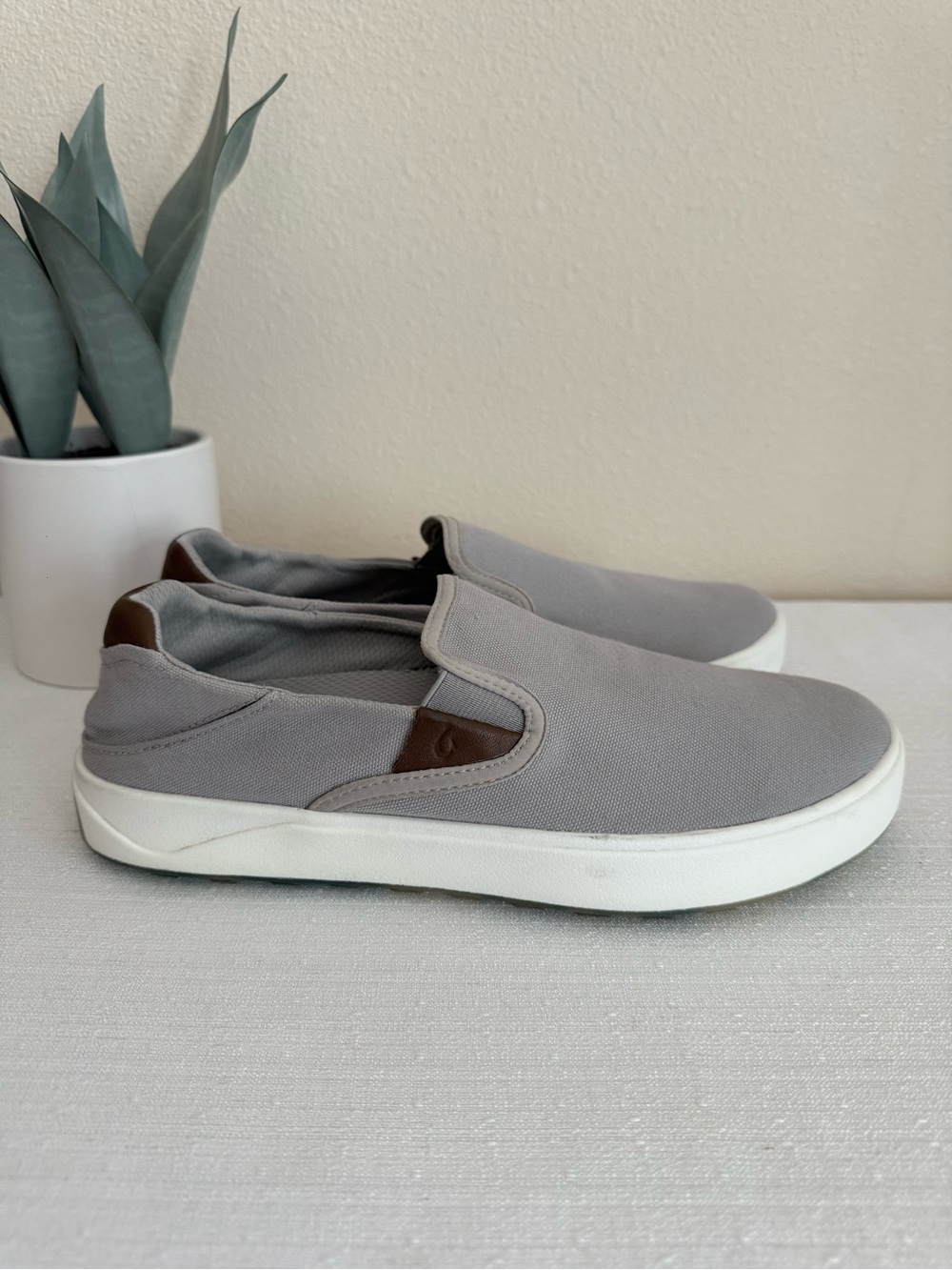 Olukai Men's Slip-On Canvas Sneakers - Gray with Brown Trim